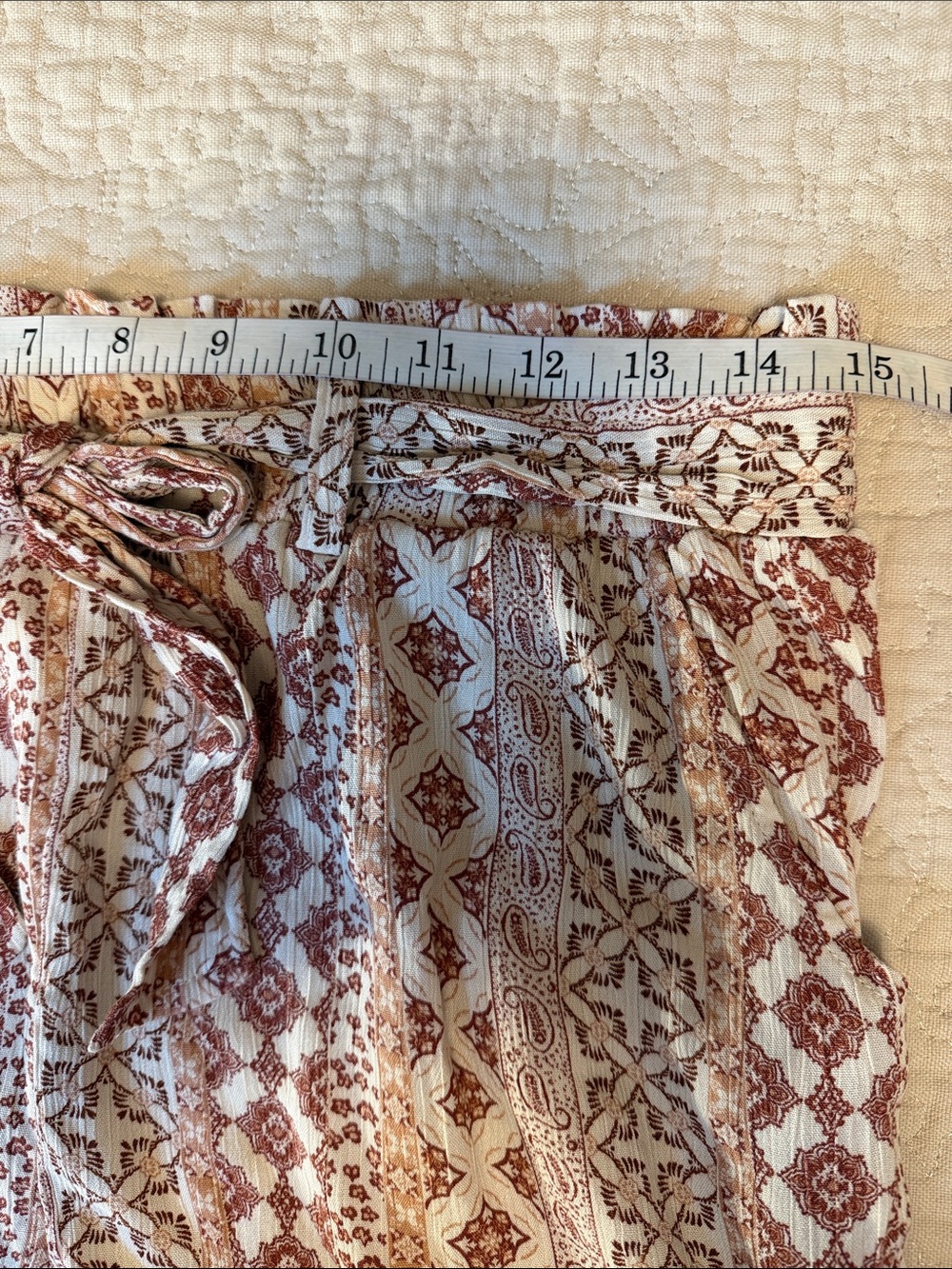 Pink Rose Size Large Rust & Cream Boho Tie-Waist Shorts With Pockets - Picture 5 of 10